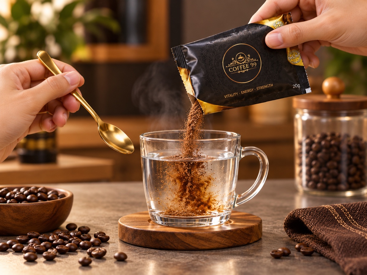 将一包 Coffee99 倒入热水中准备冲泡